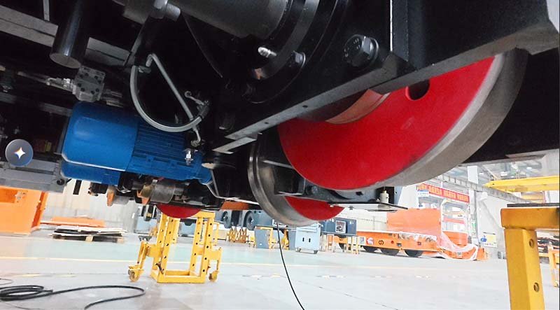 Underside view of an RGV showing wheel assemblies arranged for travel along intersecting rails